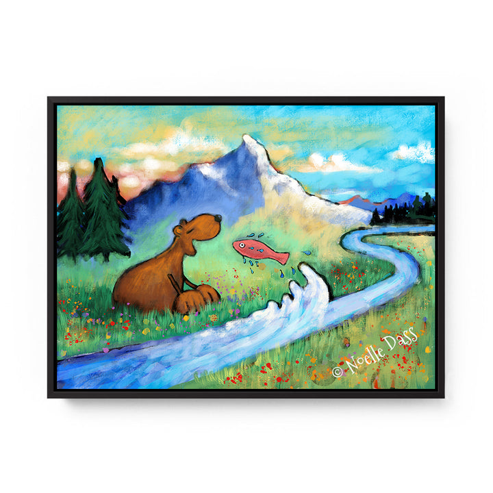 A Meditation on Perspective (Bear and Fish Version 2) Canvas / 11x14 / Black Floating Frame