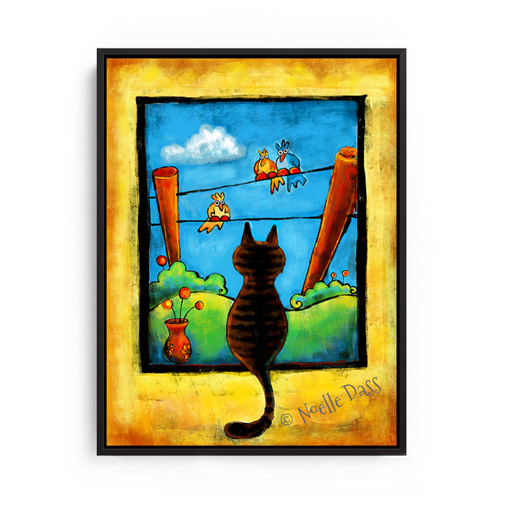 Staring Contest (Cat and Bird art) Canvas / 11x14 / Black Floating Frame