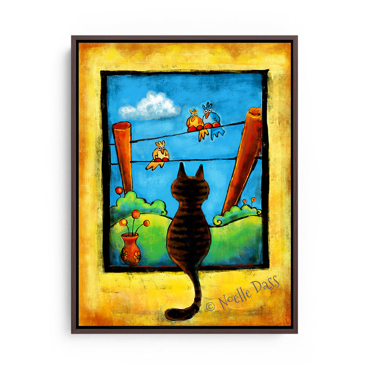 Staring Contest (Cat and Bird art) Canvas / 11x14 / Espresso Floating Frame