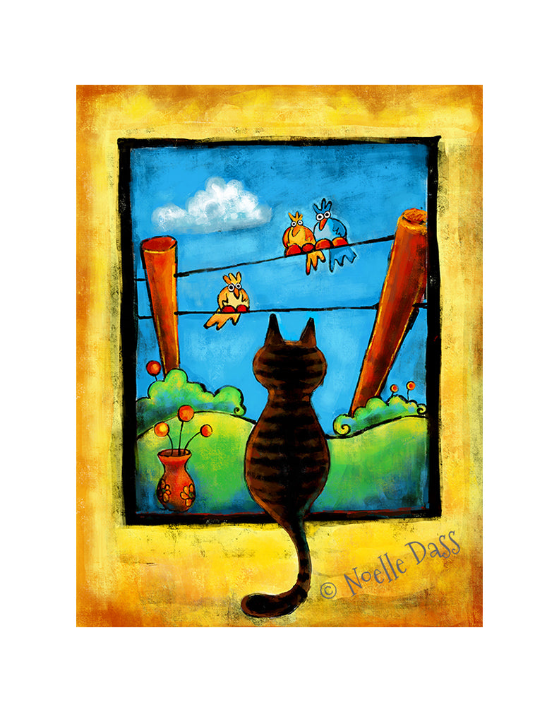 Staring Contest (Cat and Bird art) Paper / 11x14 with white border/image is 8x10 / Unframed