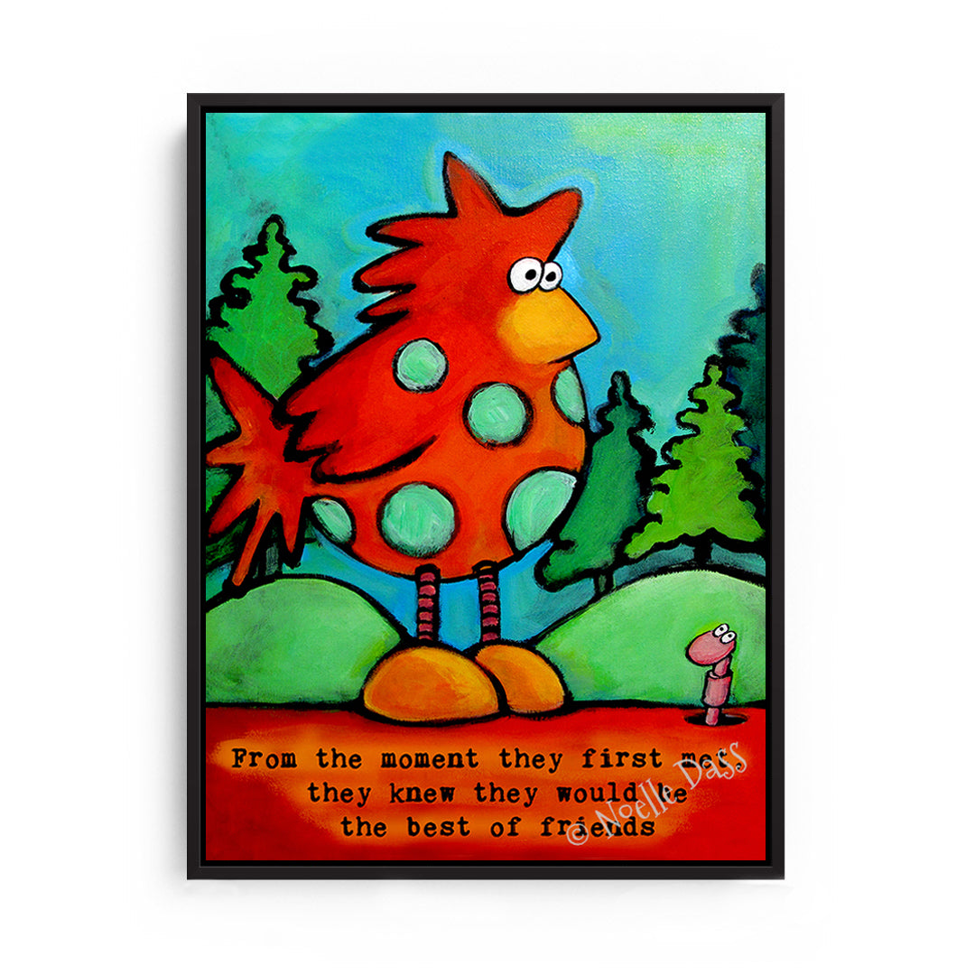 Chicken and Worm Best Friends Canvas / 11x14 / Black Floating Frame
