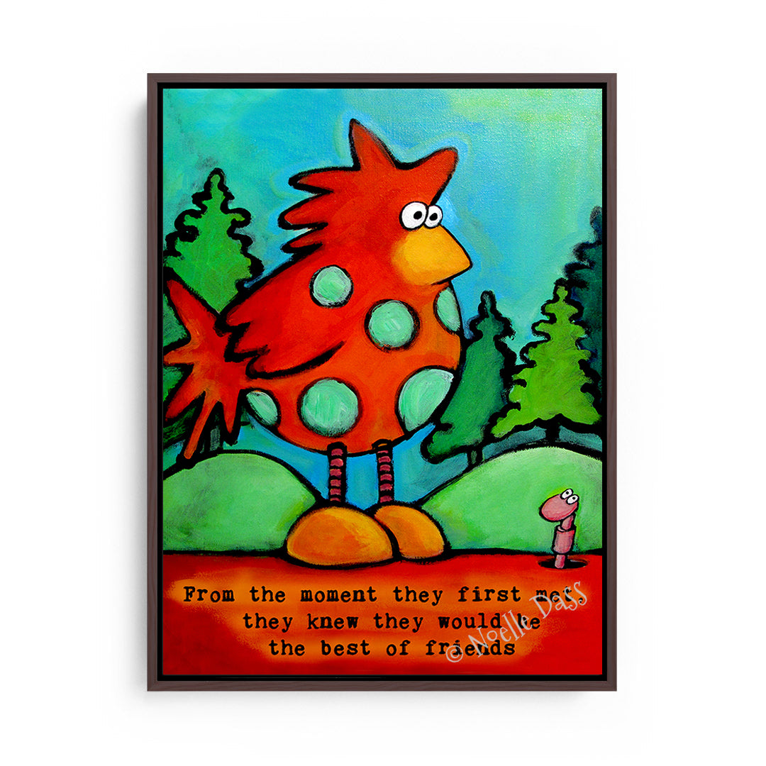 Chicken and Worm Best Friends Canvas / 11x14 / Espresso Floating Frame