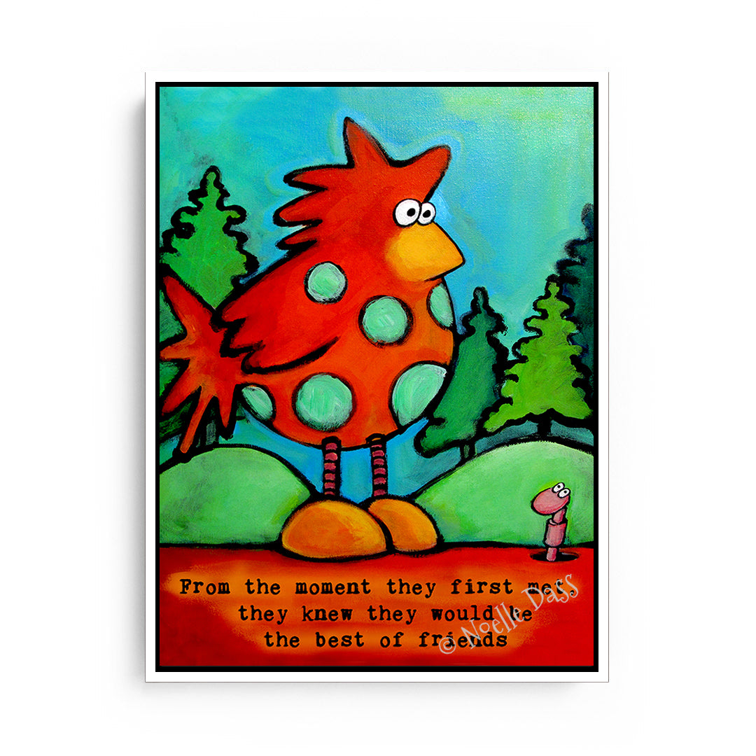 Chicken and Worm Best Friends Canvas / 11x14 / White Floating Frame