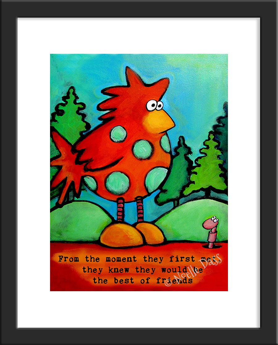 Chicken and Worm Best Friends Paper / 11x14 with white border/image is 8x10 / Black Frame