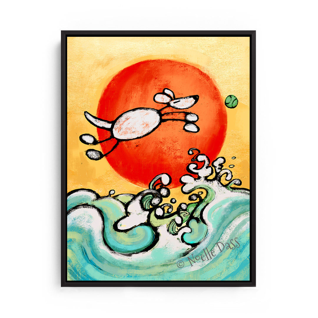Dog Leap of Faith Vintage Japanese  Style Canvas / 11x14 / Black Floating Frame