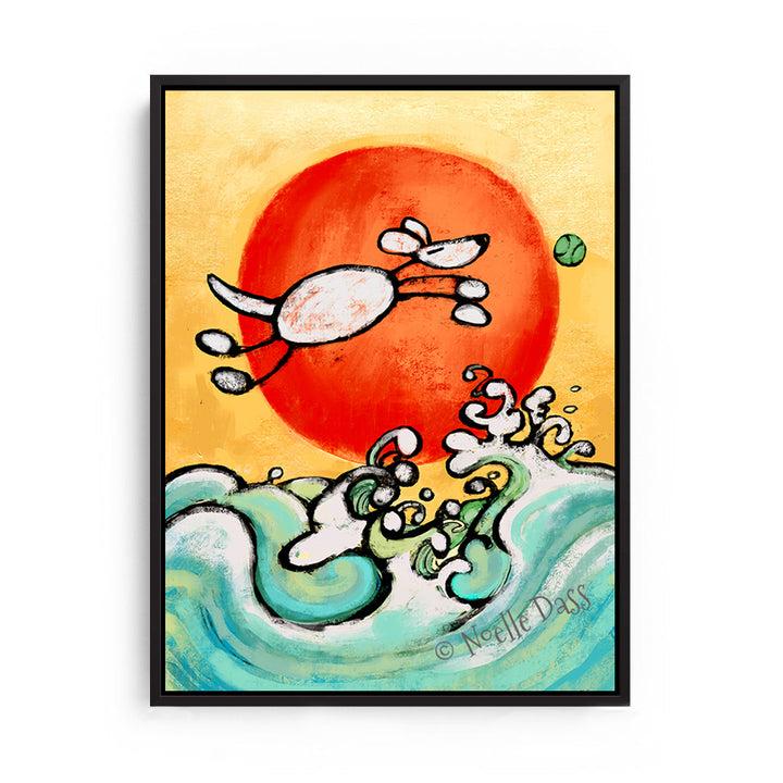 Dog Leap of Faith Vintage Japanese  Style Canvas / 11x14 / Black Floating Frame