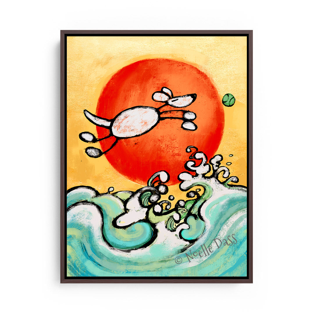 Dog Leap of Faith Vintage Japanese  Style Canvas / 11x14 / Espresso Floating Frame