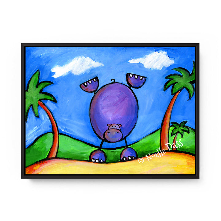 Hippo Doing Handstand on the Beach Canvas / 11x14 / Black Floating Frame