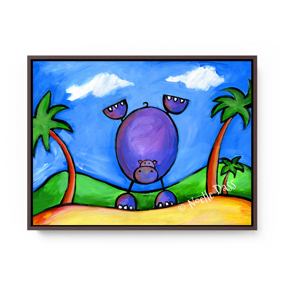 Hippo Doing Handstand on the Beach Canvas / 11x14 / Espresso Floating Frame