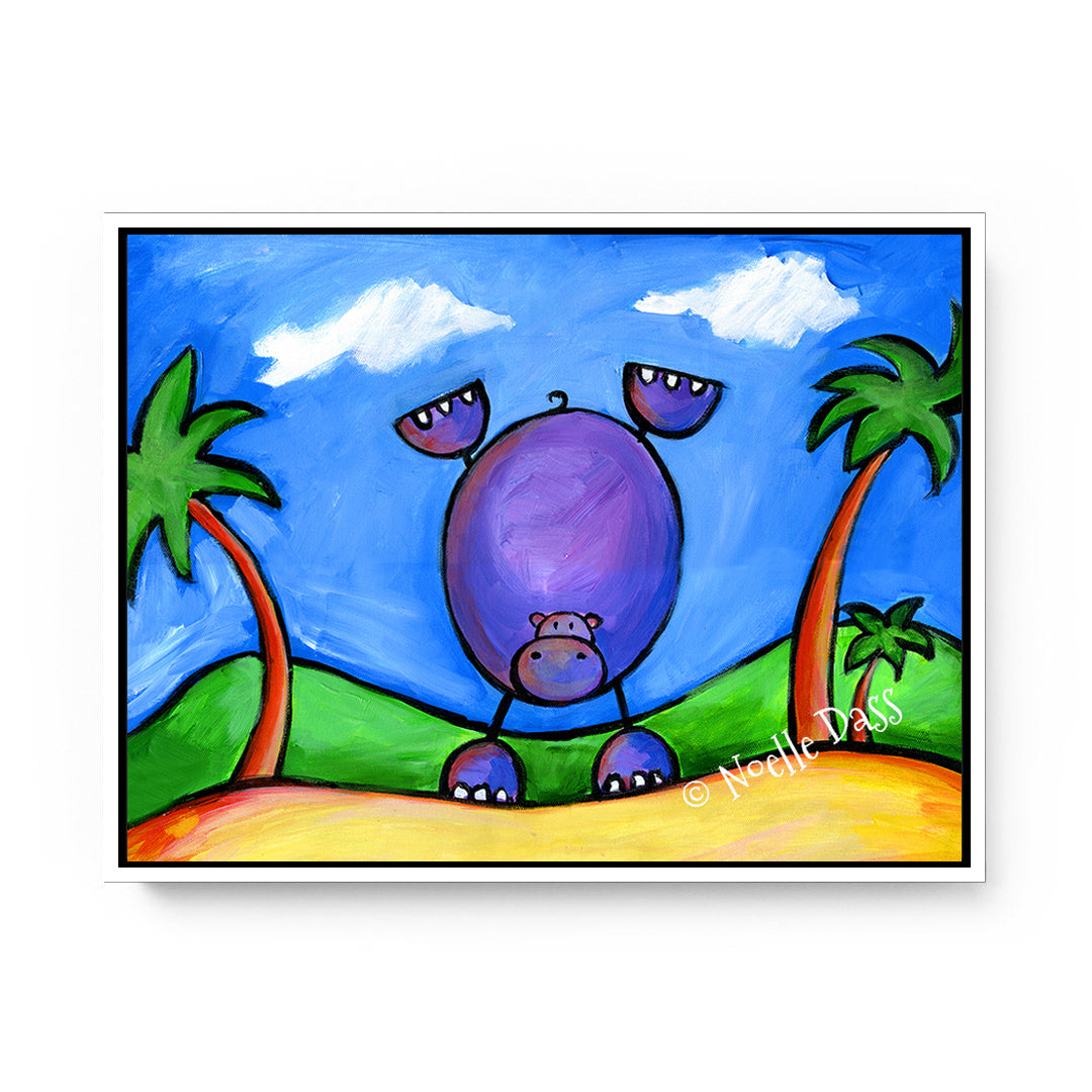 Hippo Doing Handstand on the Beach Canvas / 11x14 / White Floating Frame