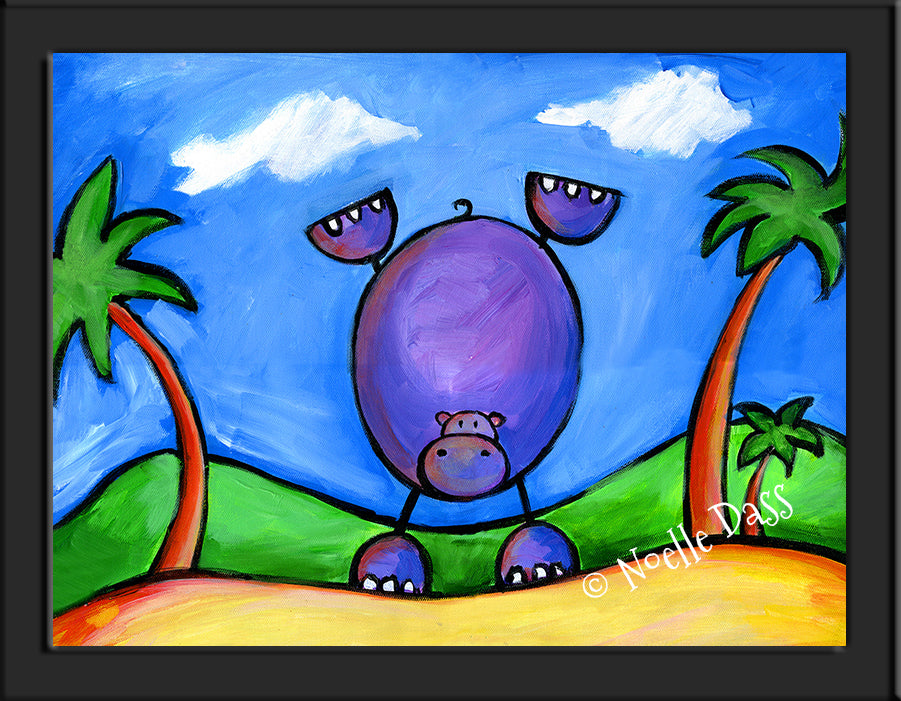 Hippo Doing Handstand on the Beach Paper / 6x8 / Framed