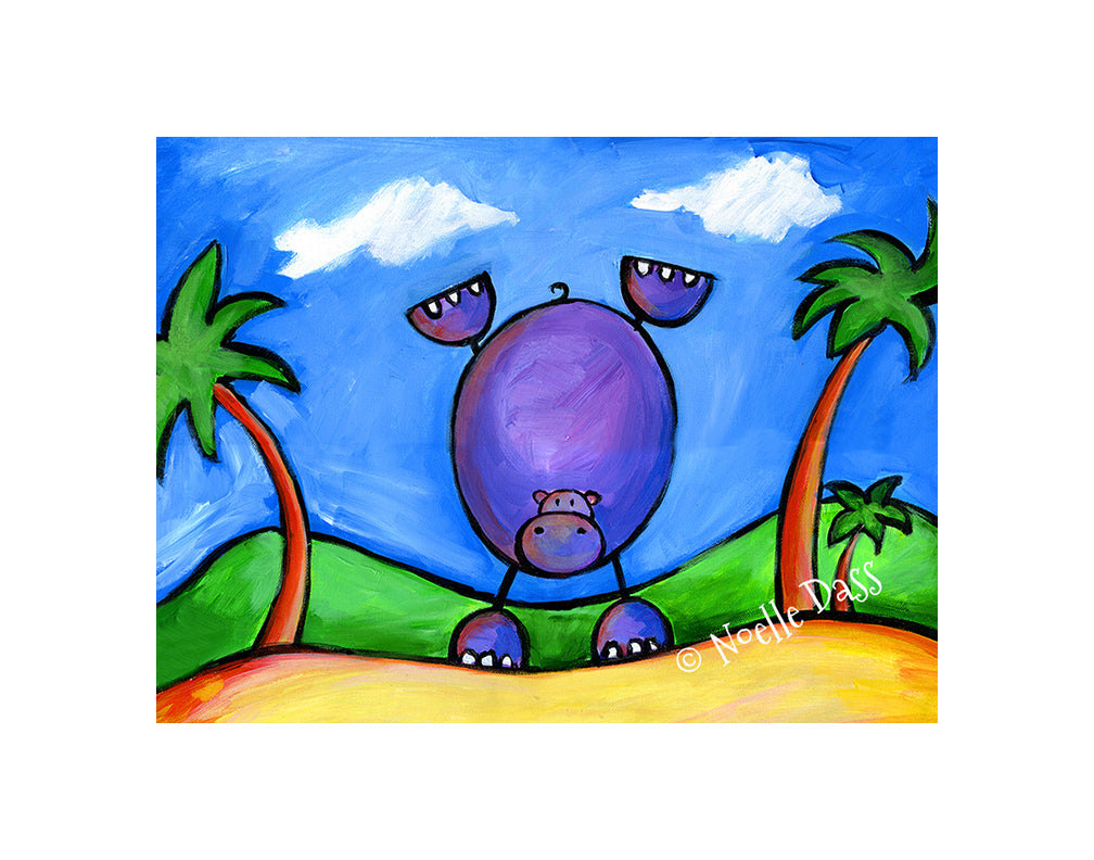 Hippo Doing Handstand on the Beach Paper / 11x14 with white border/image is 8x10 / Unframed