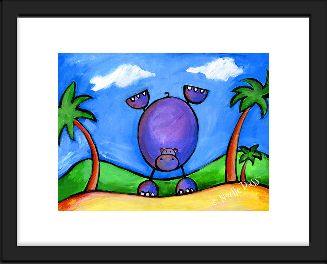 Hippo Doing Handstand on the Beach Paper / 11x14 with white border/image is 8x10 / Black Frame