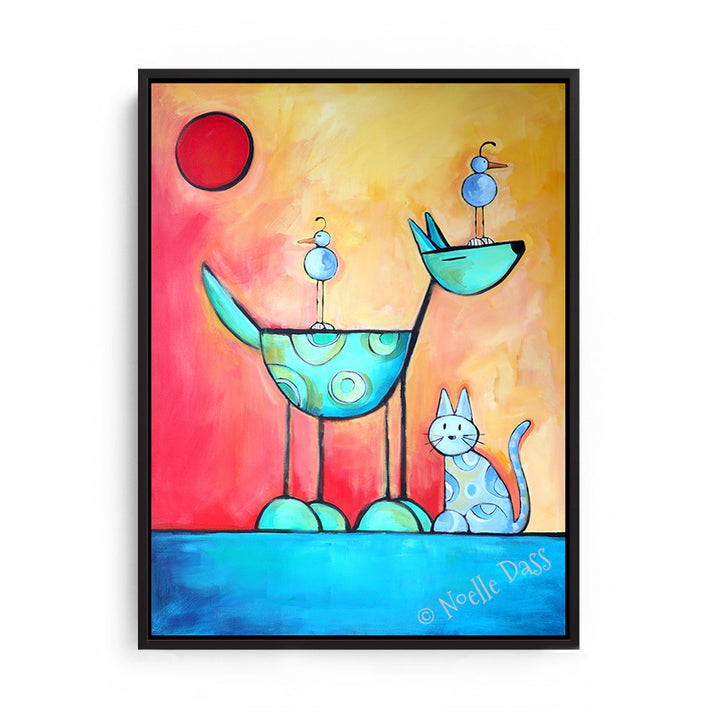 I Get By With A Little Help From My Friends |Dog Cat Bird Friendship Canvas / 30x40 / Black Floating Frame