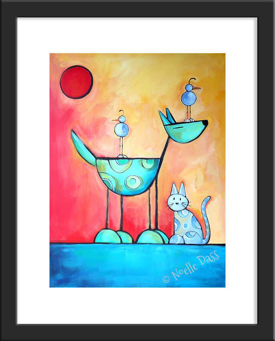 I Get By With A Little Help From My Friends |Dog Cat Bird Friendship Paper / 11x14 with white border/image is 8x10 / Black Frame