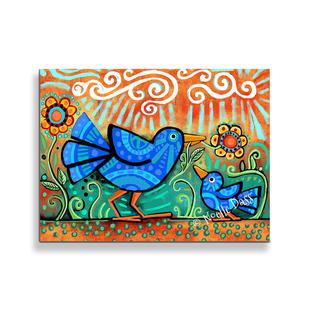Mama and Baby Bird Folk Art Canvas / 30x40 / Unframed