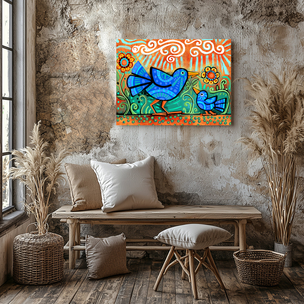 Mama and Baby Bird Folk Art Paper / 16x20 / Unframed