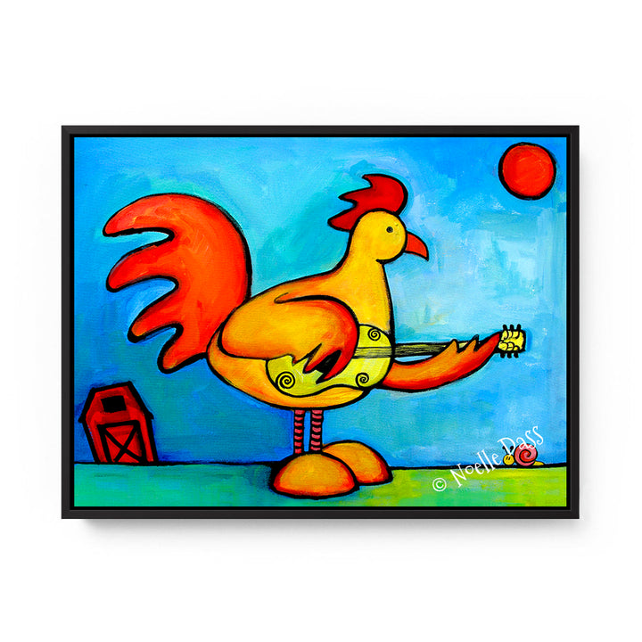 Rooster Playing Guitar For Snail Canvas / 11x14 / Black Floating Frame