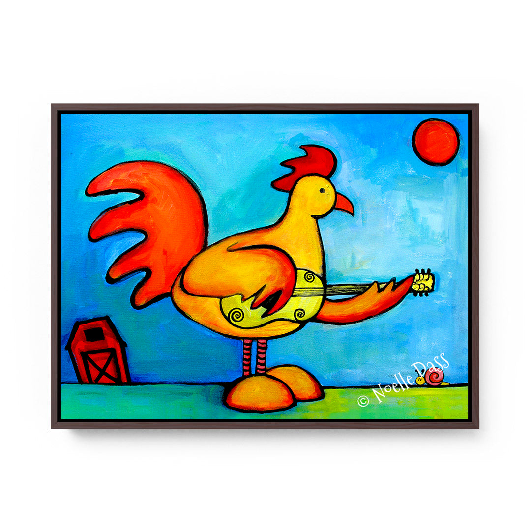 Rooster Playing Guitar For Snail Canvas / 11x14 / Espresso Floating Frame