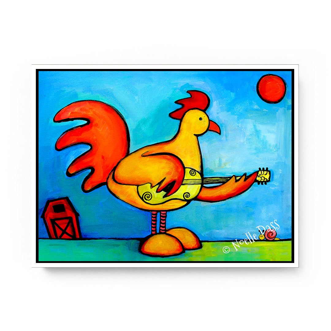 Rooster Playing Guitar For Snail Canvas / 11x14 / White Floating Frame