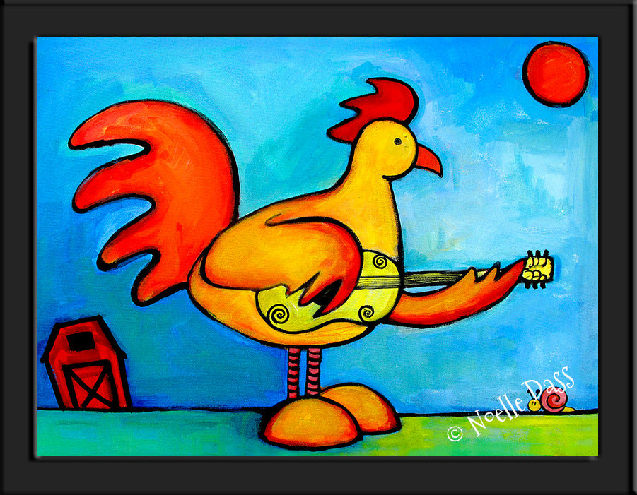Rooster Playing Guitar For Snail Paper / 6x8 / Framed