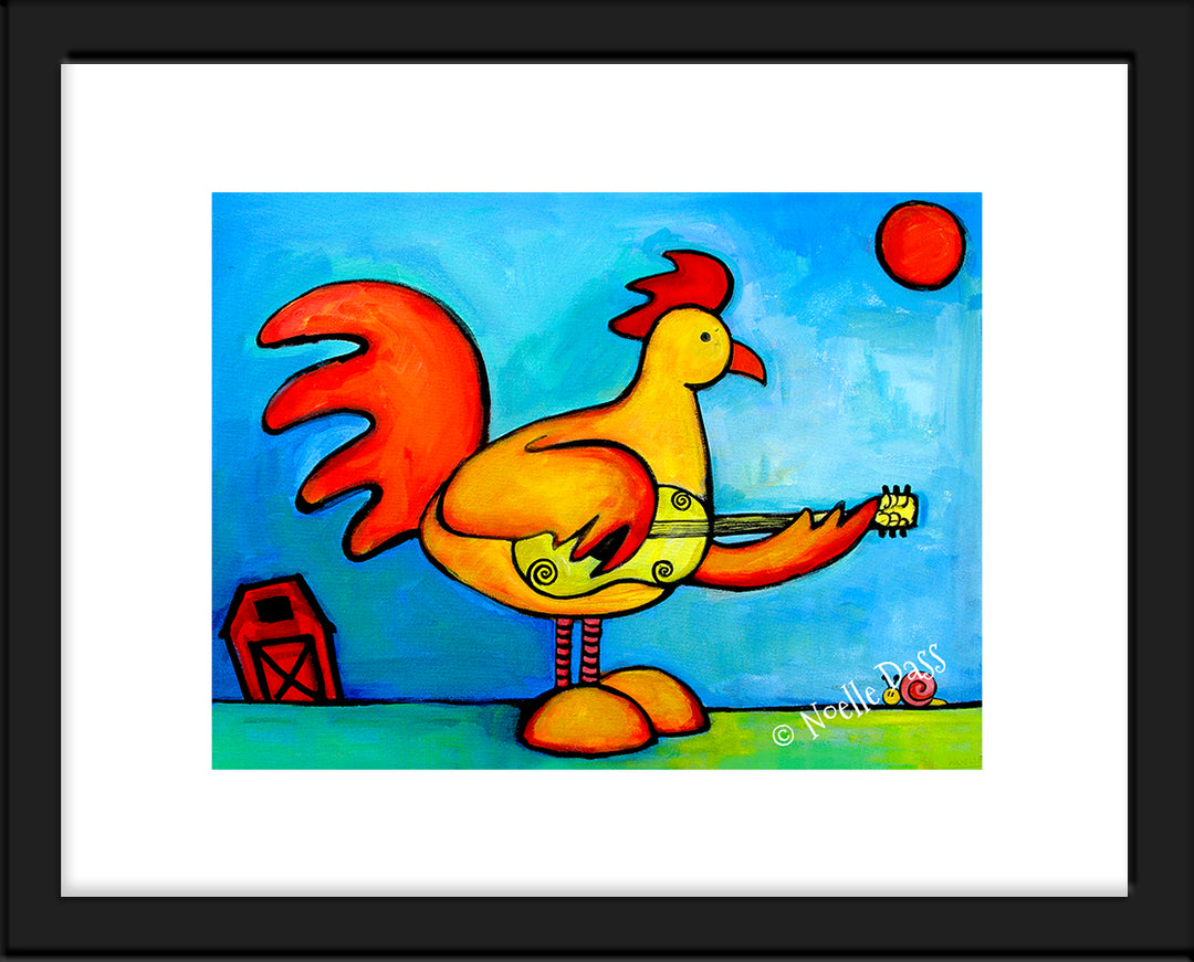 Rooster Playing Guitar For Snail Paper / 11x14 with white border/image is 8x10 / Black Frame