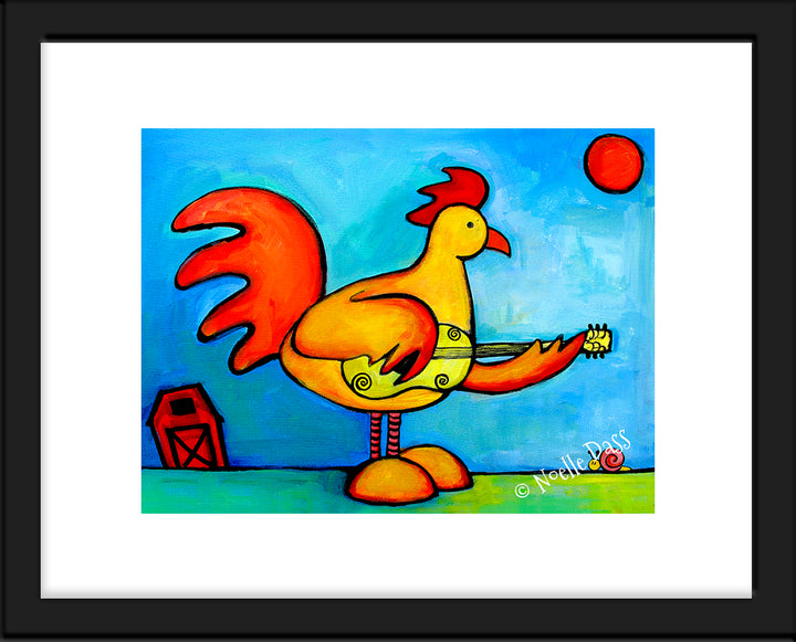 Rooster Playing Guitar For Snail Paper / 11x14 with white border/image is 8x10 / Black Frame