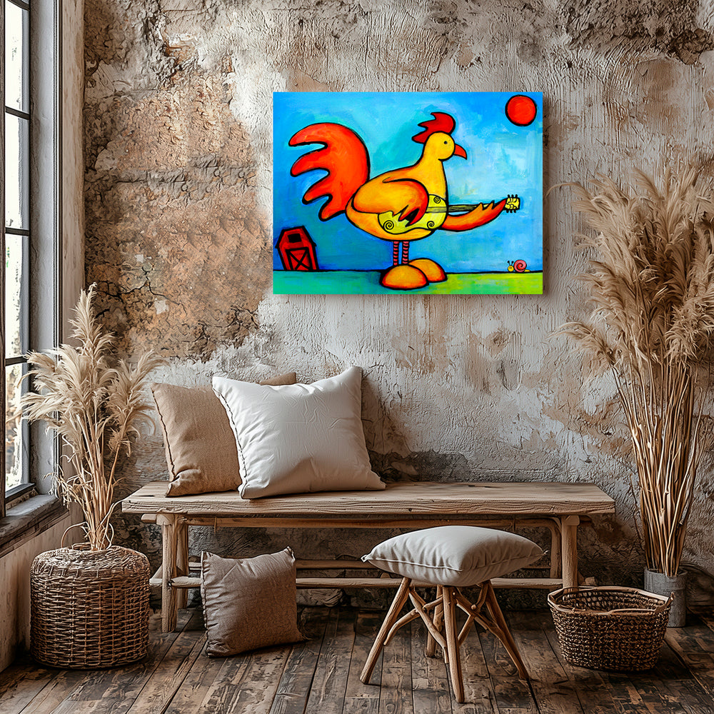 Rooster Playing Guitar For Snail Paper / 16x20 / Unframed