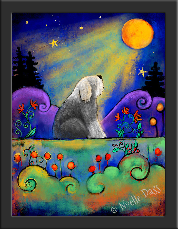 Sheepdog Gazing at Moon Paper / 6x8 / Framed