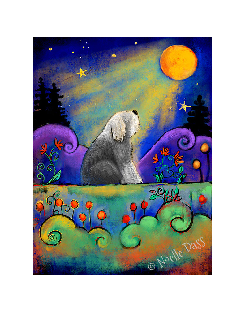 Sheepdog Gazing at Moon Paper / 11x14 with white border/image is 8x10 / Unframed