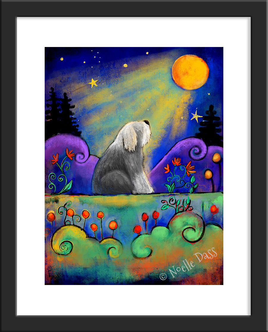 Sheepdog Gazing at Moon Paper / 11x14 with white border/image is 8x10 / Black Frame
