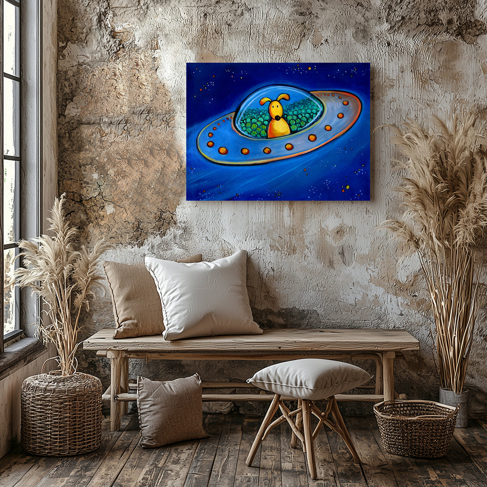 The Great Escape (Dog in UFO with tennis balls) Paper / 16x20 / Unframed