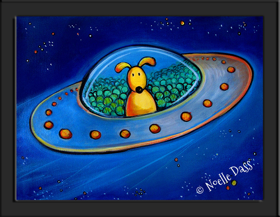 The Great Escape (Dog in UFO with tennis balls) Paper / 6x8 / Framed