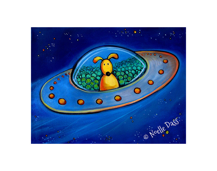 The Great Escape (Dog in UFO with tennis balls) Paper / 11x14 with white border/image is 8x10 / Unframed