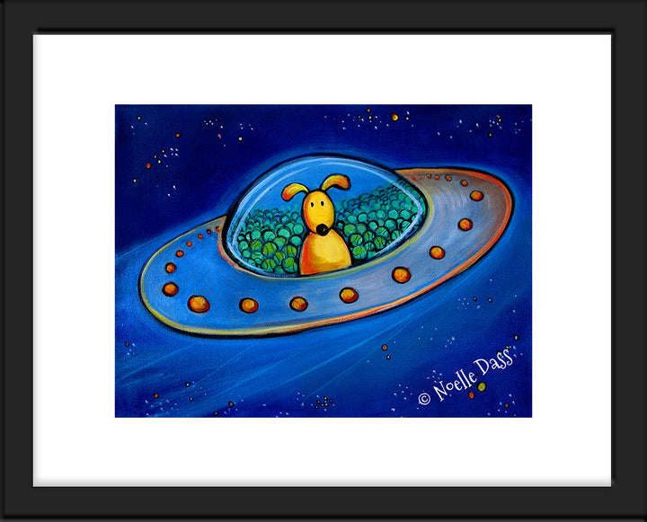 The Great Escape (Dog in UFO with tennis balls) Paper / 11x14 with white border/image is 8x10 / Black Frame