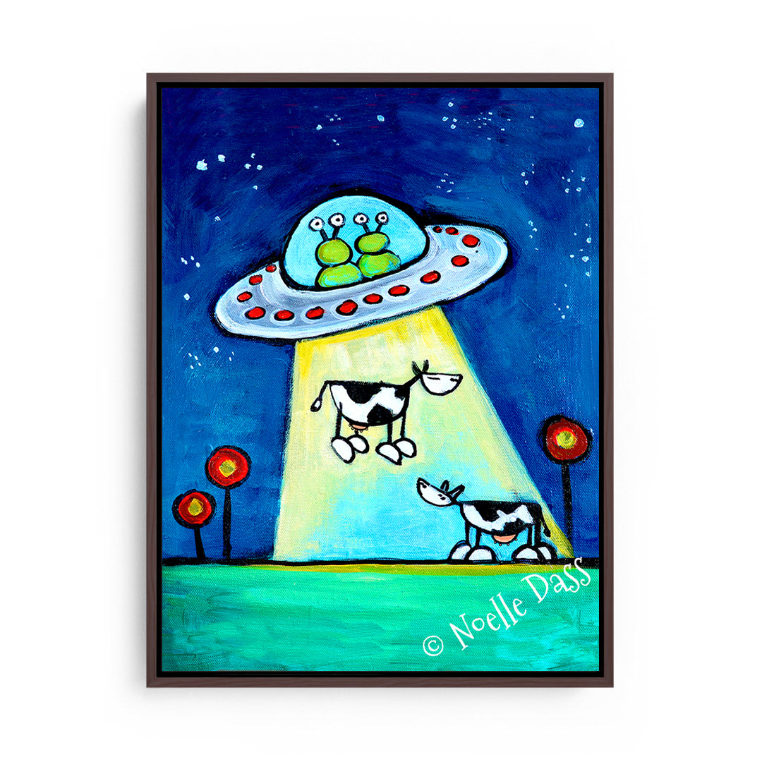 Got M*lk?! UFO abducting Cow Art Canvas / 11x14 / Espresso Floating Frame