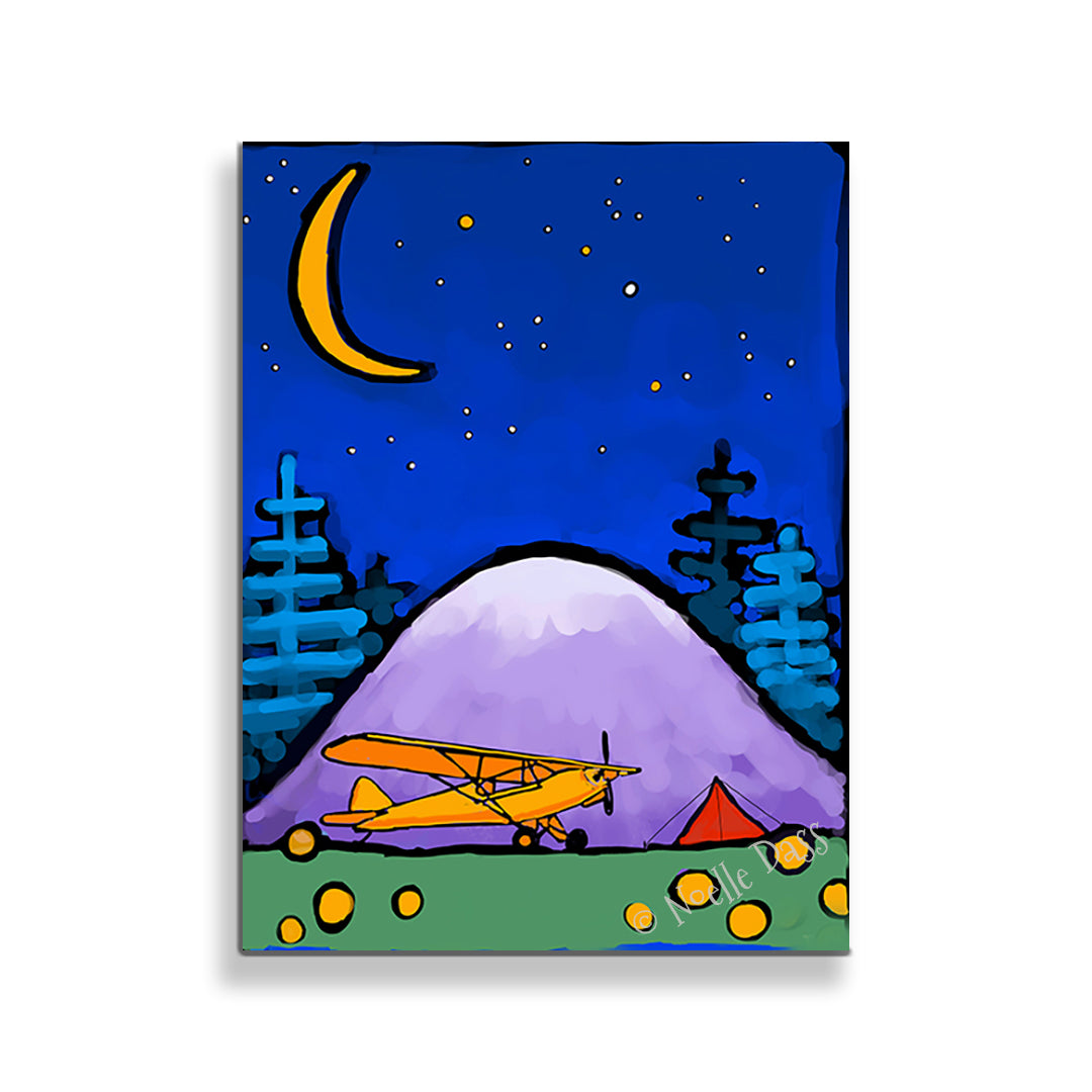 Adventure Awaits Cub and Tent in Mountains Under Stars and Moon Canvas / 11x14 / Unframed