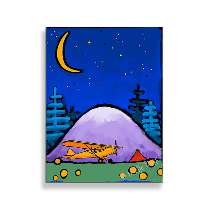 Adventure Awaits Cub and Tent in Mountains Under Stars and Moon Canvas / 11x14 / Unframed