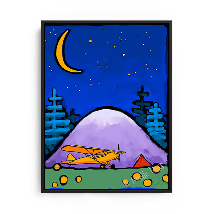 Adventure Awaits Cub and Tent in Mountains Under Stars and Moon Canvas / 11x14 / Black Floating Frame