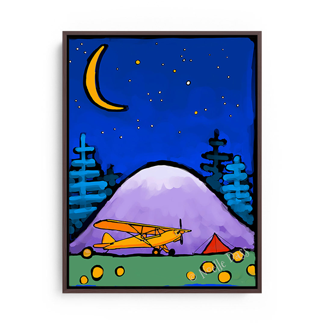 Adventure Awaits Cub and Tent in Mountains Under Stars and Moon Canvas / 11x14 / Espresso Floating Frame