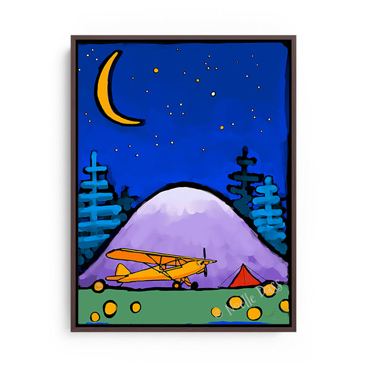 Adventure Awaits Cub and Tent in Mountains Under Stars and Moon Canvas / 11x14 / Espresso Floating Frame