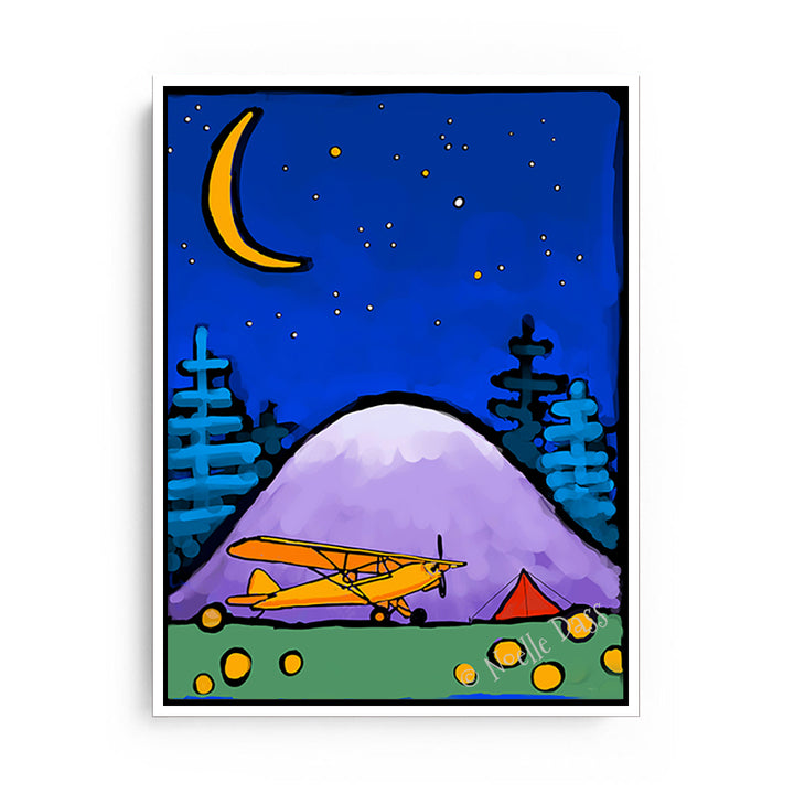 Adventure Awaits Cub and Tent in Mountains Under Stars and Moon Canvas / 11x14 / White Floating Frame