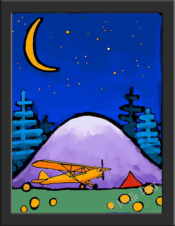 Adventure Awaits Cub and Tent in Mountains Under Stars and Moon Paper / 6x8 / Framed