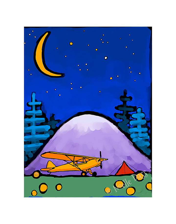 Adventure Awaits Cub and Tent in Mountains Under Stars and Moon Paper / 11x14 with white border/image is 8x10 / Unframed