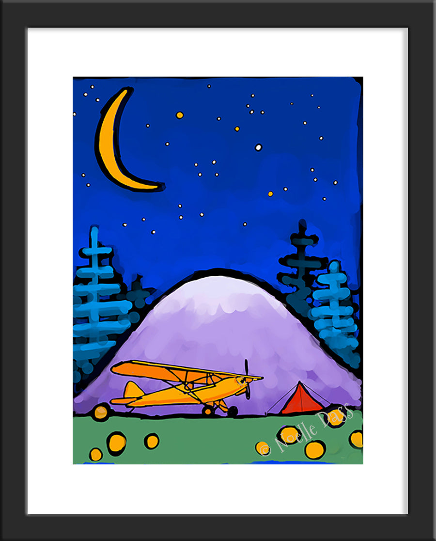 Adventure Awaits Cub and Tent in Mountains Under Stars and Moon Paper / 11x14 with white border/image is 8x10 / Black Frame