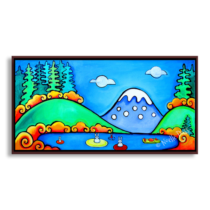 A Perfect Day - Bunny Floaters (Rabbits and a dog) Canvas / 15x30 / Espresso Floating Frame