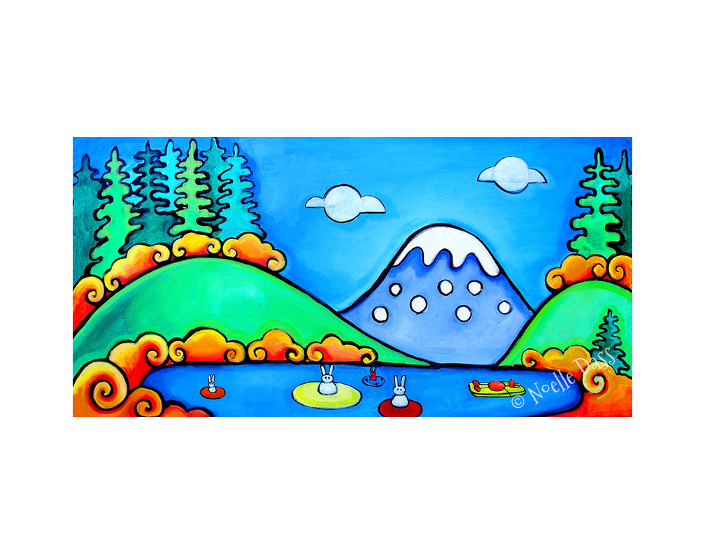 A Perfect Day - Bunny Floaters (Rabbits and a dog) Paper / 11x14 white border/Image is 5.5x11 / Unframed
