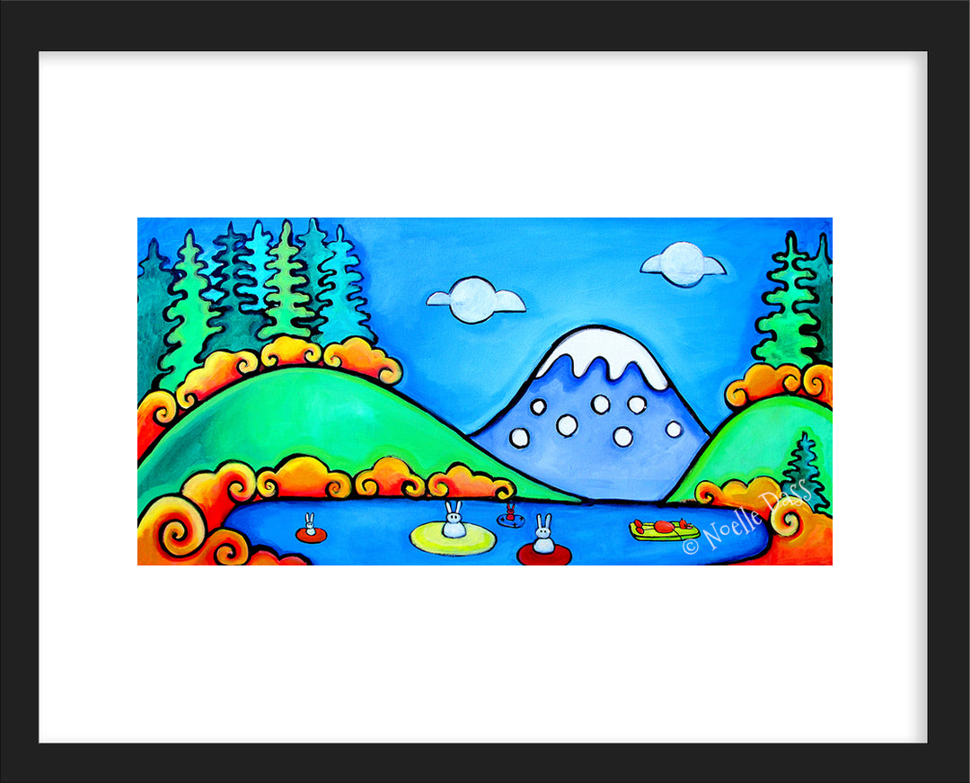 A Perfect Day - Bunny Floaters (Rabbits and a dog) Paper / 11x14 white border/Image is 5.5x11 / Black Frame