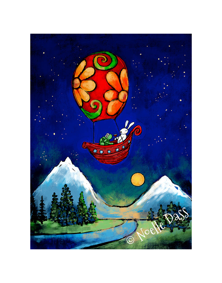 Rewrite Your Story Rabbit and Turtle in Hot Air Balloon Paper / 11x14 with white border/image is 8x10 / Unframed