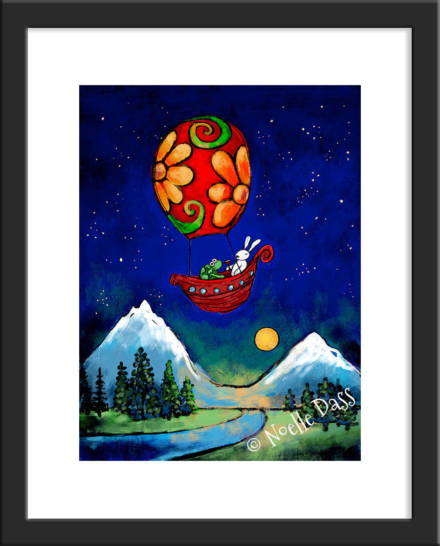 Rewrite Your Story Rabbit and Turtle in Hot Air Balloon Paper / 11x14 with white border/image is 8x10 / Black Frame